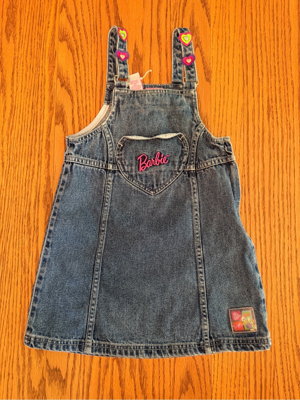 Y2K Barbie Girls Denim Overall Dress Sz 6 Embroidered Flowers Button Sleeveless